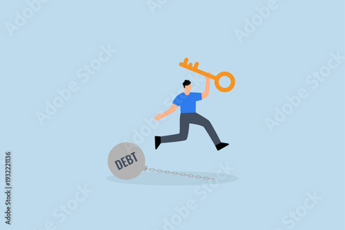 freedom for pay off debts, Content businessman holding golden key in happiness after unlocking a chain burdened by debt