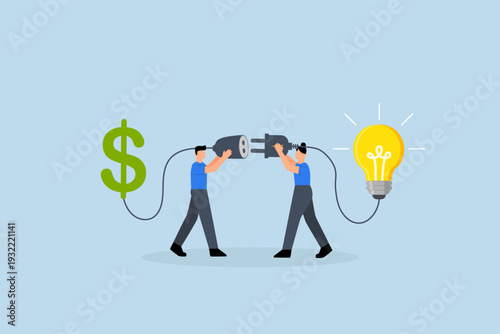Financial support for startup and entrepreneur company, Businessman and businesswoman link a lightbulb and dollar sign