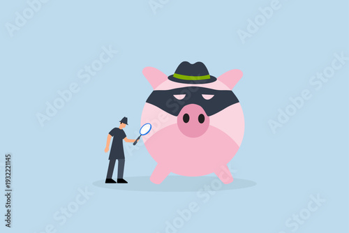 Financial crime, Detective man examining pink piggy bank with magnifying glass while wearing criminal mask
