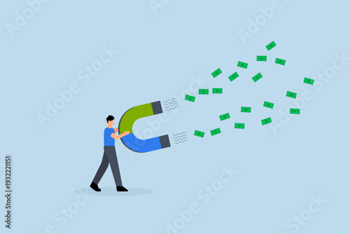 Money magnet, Intelligent entrepreneur uses powerful magnet to attract paper currency