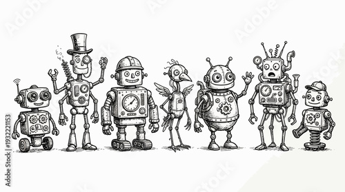 Whimsical Hand Drawn Robot Sketch Collection in Vintage Mechanical Style