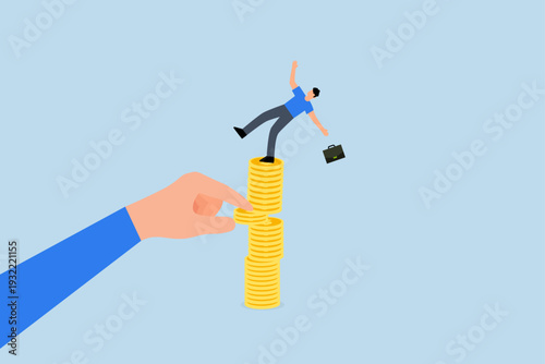 Investment risk from rug pull crash, massive hand withdraws money from stack of coins, leading to the investor downfall
