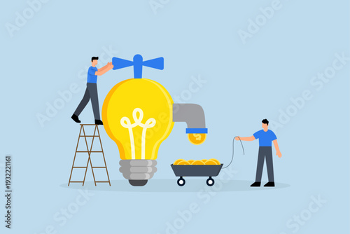 Idea to make money, Entrepreneur turns on the lightbulb of ideas to generate coins and make money