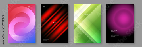 Set of four vibrant abstract posters featuring red spirals diagonal red lines green geometric grids and dark purple glows