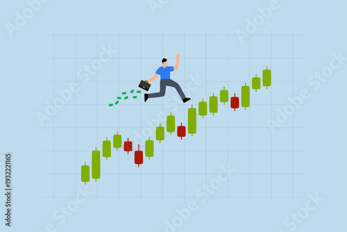Success trader make profit with investment trading, businessman investor with a money briefcase runs confidently on candlestick graph