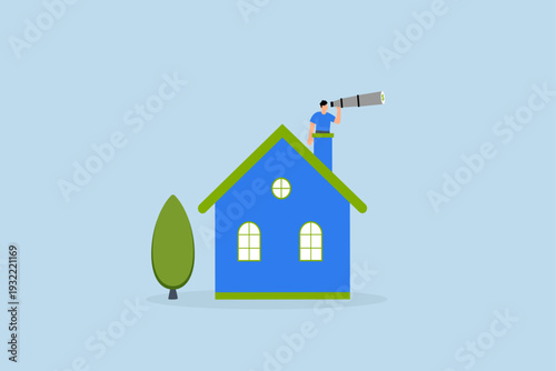 Real estate and housing investment opportunity, businessman investor climbed up the chimney of house with a telescope to get a better view of his vision