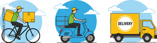 Urban delivery service set featuring bicycle courier scooter rider and delivery truck illustrations for logistics and e-commerce shipping