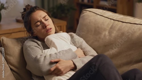 Caucasian woman experiencing discomfort while resting on couch, holding a hot water bottle for relief and pain management