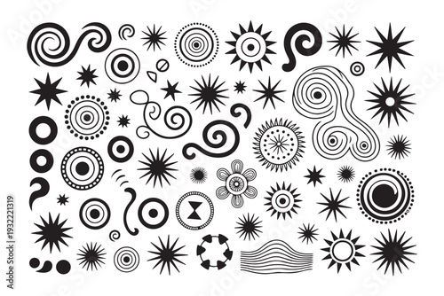 Large collection of abstract geometric and organic shapes circles spirals stars and sun symbols