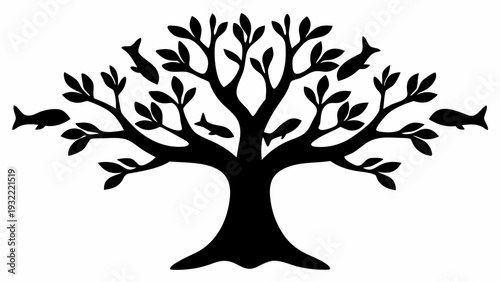 Stunning tree with birds silhouetted against white background