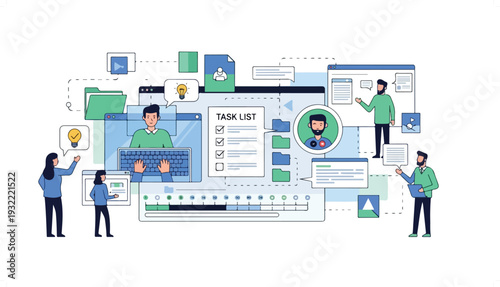 People collaborating on a project using various digital tools and interfaces for task management and information sharing.