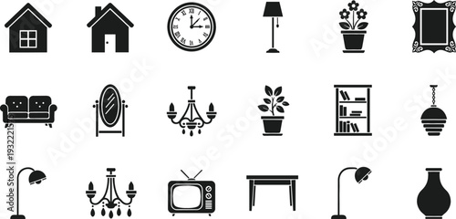 Collection of eighteen home interior solid icons featuring furniture lighting decor house plants and living room decorative elements