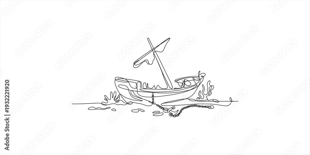 Ταπετσαρία Simple black and white line drawing of a shipwrecked wooden boat on a rocky shor