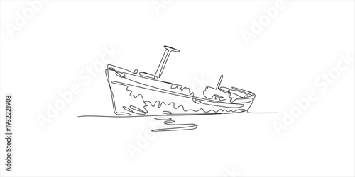 Simple line drawing of a large ship tilting and sinking into the water on a white background.
