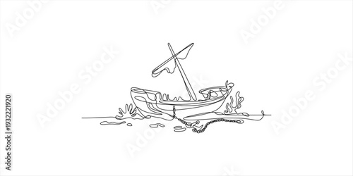Simple black and white line drawing of a shipwrecked wooden boat on a rocky shore