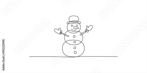 Simple hand-drawn sketch of a smiling snowman wearing a hat and mittens on a white background.
