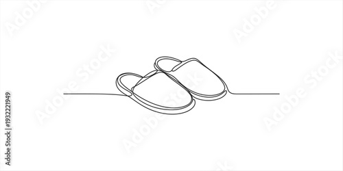 A pair of cozy house slippers illustrated in a minimal black and white line art style.