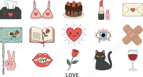 Retro hand-drawn sticker set featuring love and heartbreak themes with hearts, roses, cassette tapes, and lifestyle icons