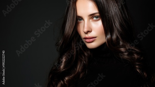 Portrait of a young woman with long wavy hair and captivating eyes in a dark studio setting showcasing natural beauty