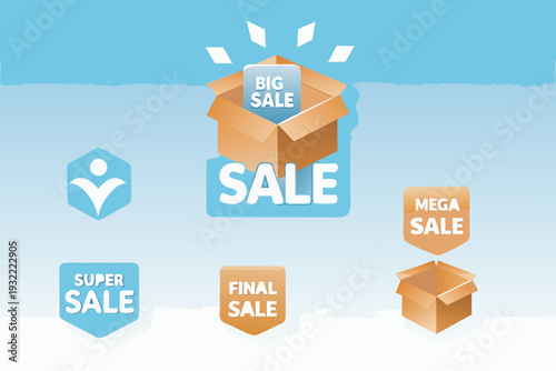 Colorful graphic design promoting various sale events with boxes and banners