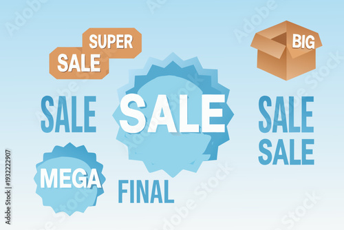 Colorful sale banners and boxes advertise discounts and special offers