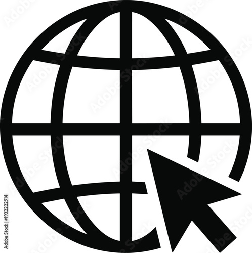 Global web access icon, globe with cursor pointer illustration, internet browsing, online communication, digital network technology, minimal vector symbol design