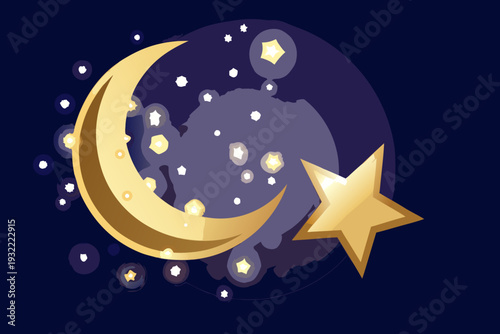 A golden crescent moon and stars illuminate a dark dreamy nightscape