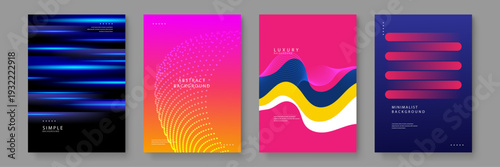 Collection of four minimalist abstract backgrounds featuring vibrant gradients fluid waves and futuristic glowing lines for digital covers