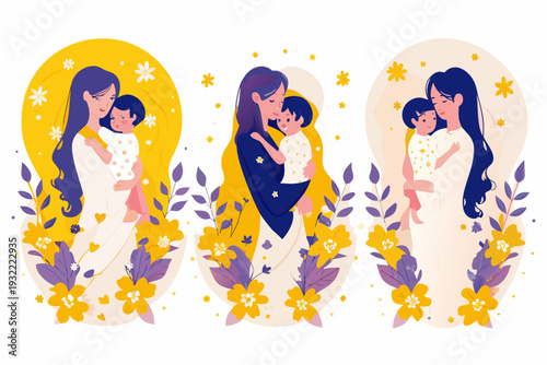 Three depictions of mothers lovingly holding their babies floral background