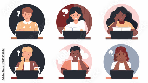 Diverse group of people pondering questions while working on laptops