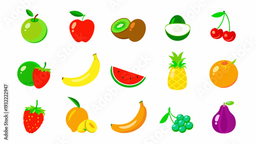 Colorful assortment of various fruits displayed in a flat cartoon style