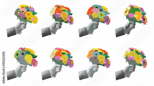 Multiple bouquets of colorful flowers held in hands repeated pattern