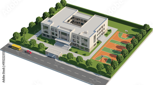 Modern isometric school building with basketball court courtyard and school bus for educational facility and urban planning design