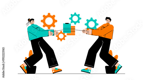Two business people pulling a document in a tug of war representing job competition