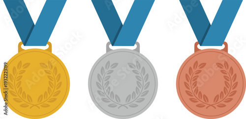 Gold silver bronze medal icons, award winners set with ribbons isolated on white background for competition ranking, achievement, success recognition design