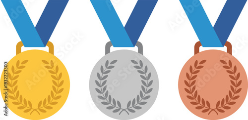 Gold silver bronze medals set, award achievement icons with ribbons isolated on white background for competition winners, ranking, success recognition design