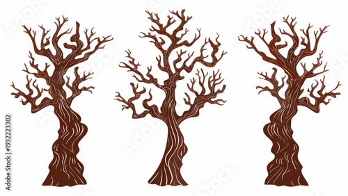 Three stylized brown trees with intricate branch details on white background