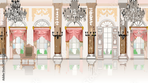 Elegant interior with arched windows drapes and ornate chandeliers