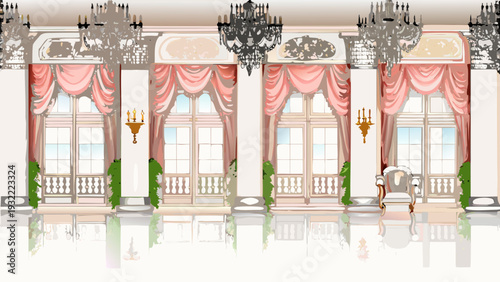 Elegant interior with large windows pink drapes and chandeliers