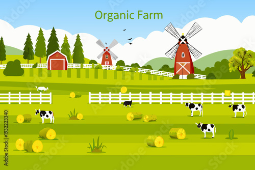 A vibrant illustration of a peaceful organic farm with animals and windmills