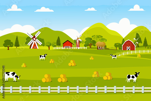 Peaceful countryside scene featuring cows hay bales and a windmill