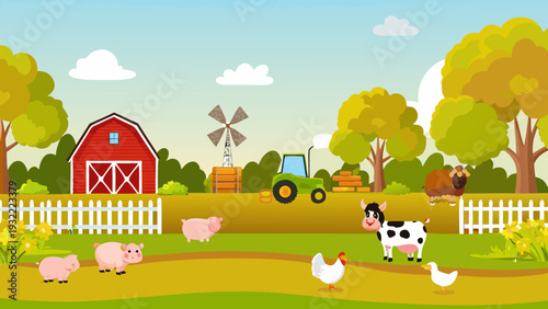 A vibrant cartoon farm scene with animals a barn and a tractor