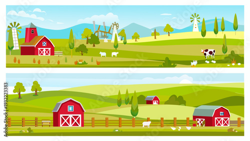 A vibrant cartoon illustration of a rural farm landscape with buildings