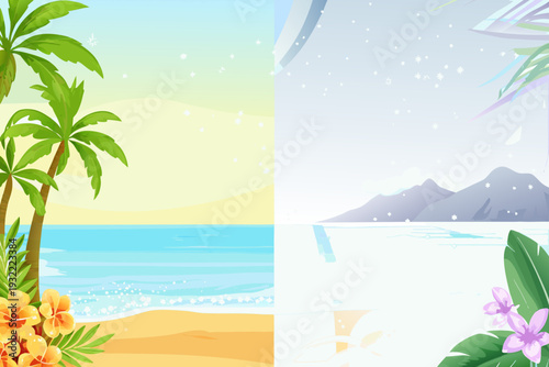 Tropical beach scene with palm trees mountains and sparkling water