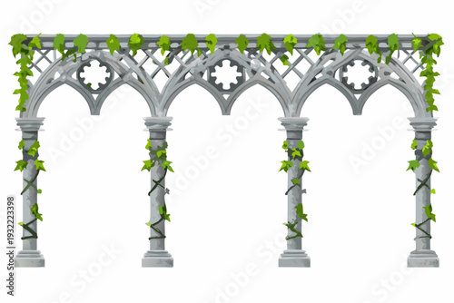 Elegant stone archway adorned with lush green vines and floral details
