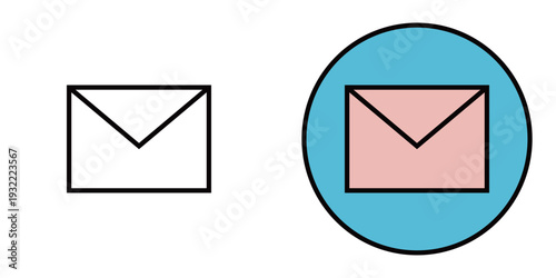 丸で囲まれたメールあるいは封筒のアイコン。モノクロとカラーのベクターイラストセット