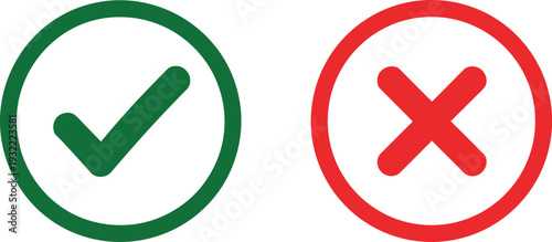 Green check mark and red cross icons isolated on light background, approval and rejection symbols for validation, yes no decision concept
