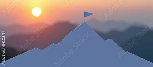 Sunset behind a mountain peak with a flag planted at the summit.