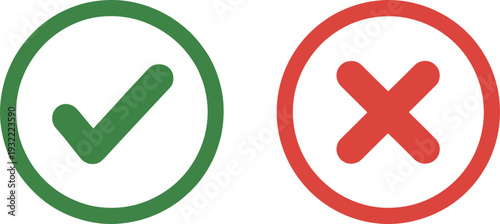 Green check mark and red cross icons isolated on light background, approval rejection symbols for validation, yes no decision interface concept