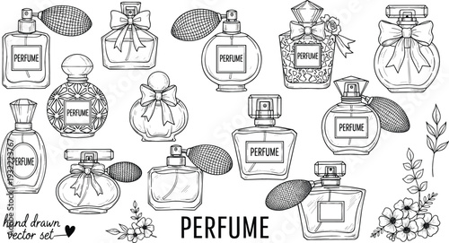 Hand drawn vintage perfume bottle vector set featuring various glass fragrance containers with atomizers bows and floral decorations